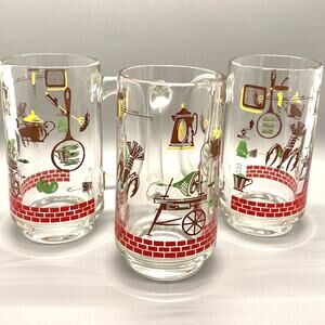 Mid Century BBQ 1950s Glass Beer Stein Mugs 12oz. Set of Three Retro Barware